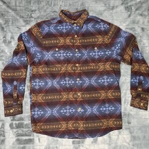 ROWM Button Down Shirt Mens Large Blue Brown Southwestern Geometric Flannel